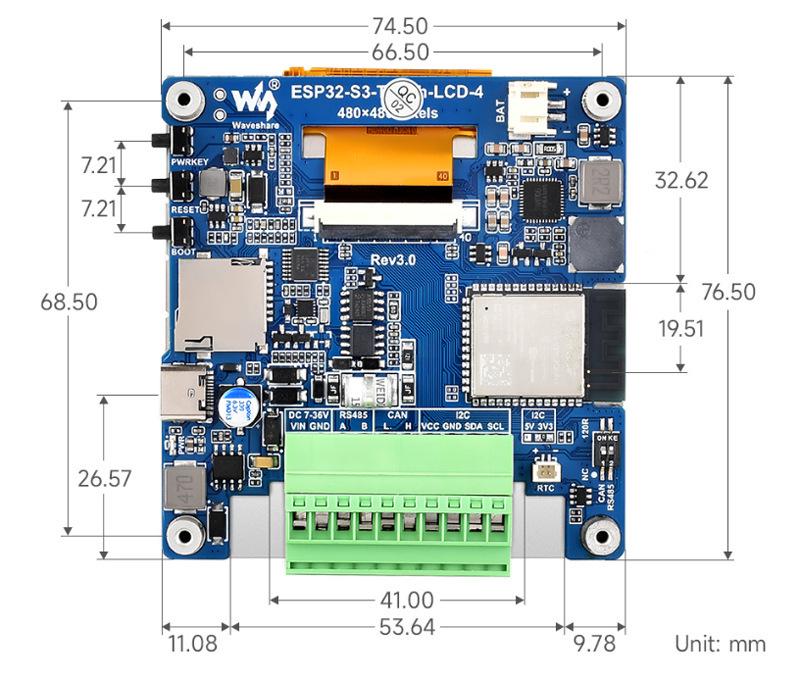 ESP32-S3 4" LCD Capacitive Touch Dev Board with LX7 Dual-Core, WiFi, Bluetooth, and BLE5 Support.