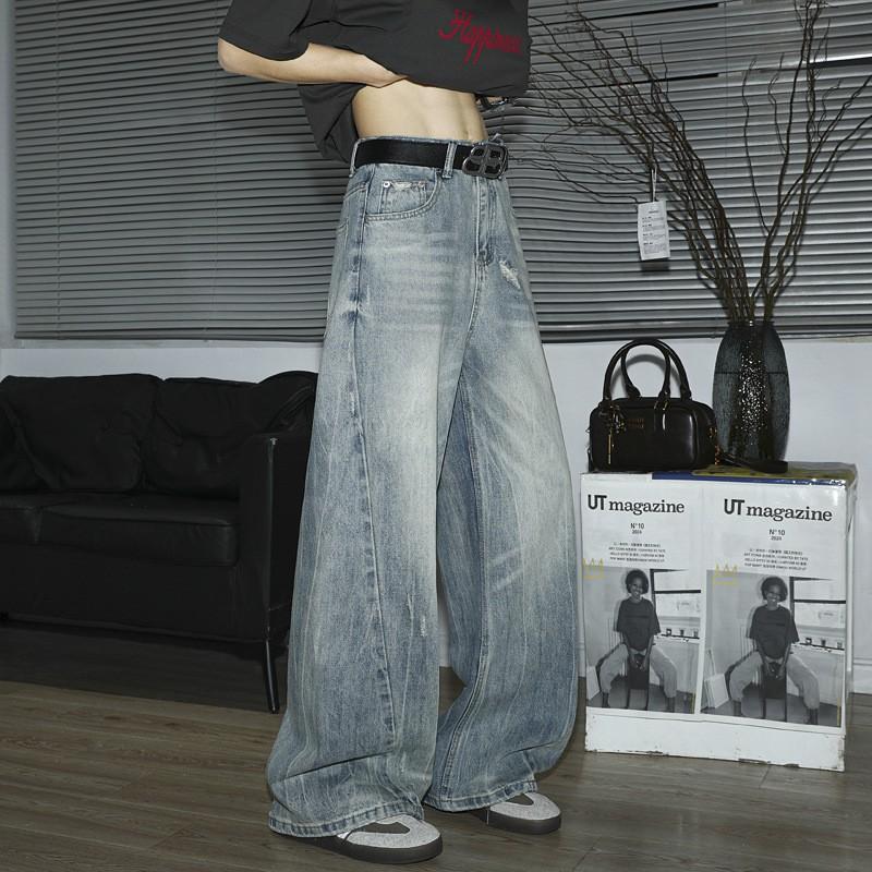 Vintage Washed Wide Leg Straight Cut Denim Jeans Men Women Comfortable Loose Fit Fall Winter