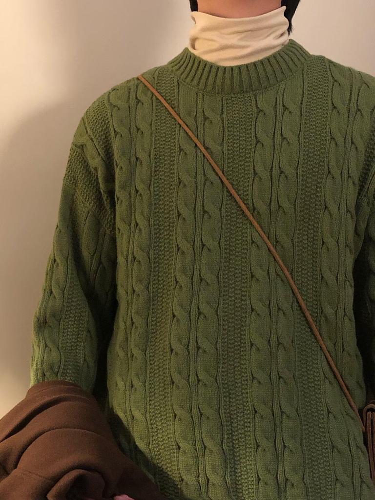 Men's Retro Japanese Cable Knit Sweater - Autumn/Winter Loose Fit, Round Neck Stylish Knitwear