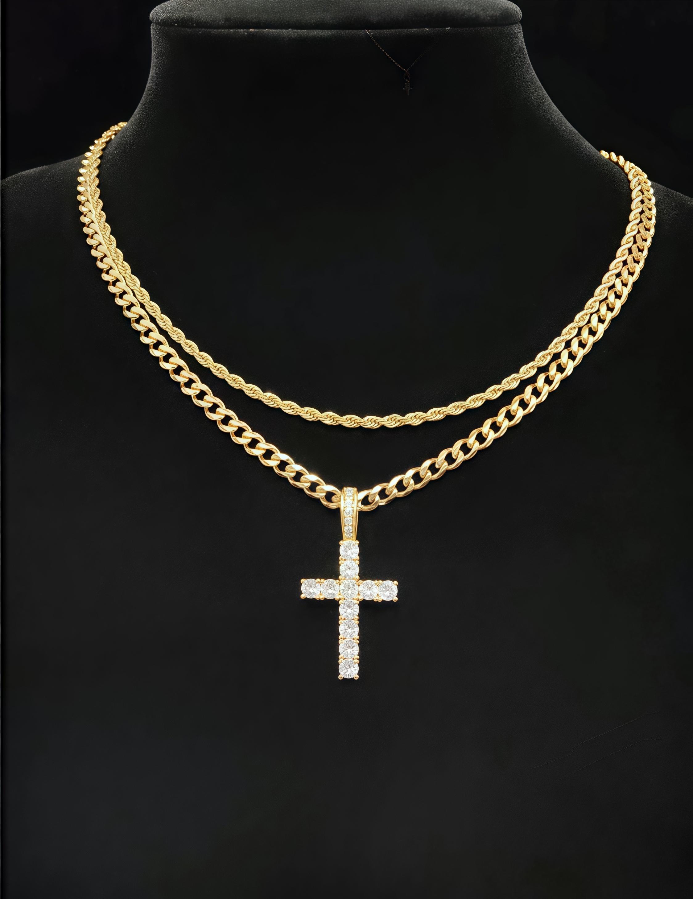 Hip-hop Chain Rhinestone Cross Pendant Necklace, Couple s Stainless Steel Necklace, Cuban Chain with Rhinestone-Set Jewelry