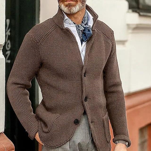 Stand Collar Men Cardigan Long Sleeve Pockets Thickened Cardigan Sweater Jackets Winter Solid Color Buttons Knitted Sweater Coat