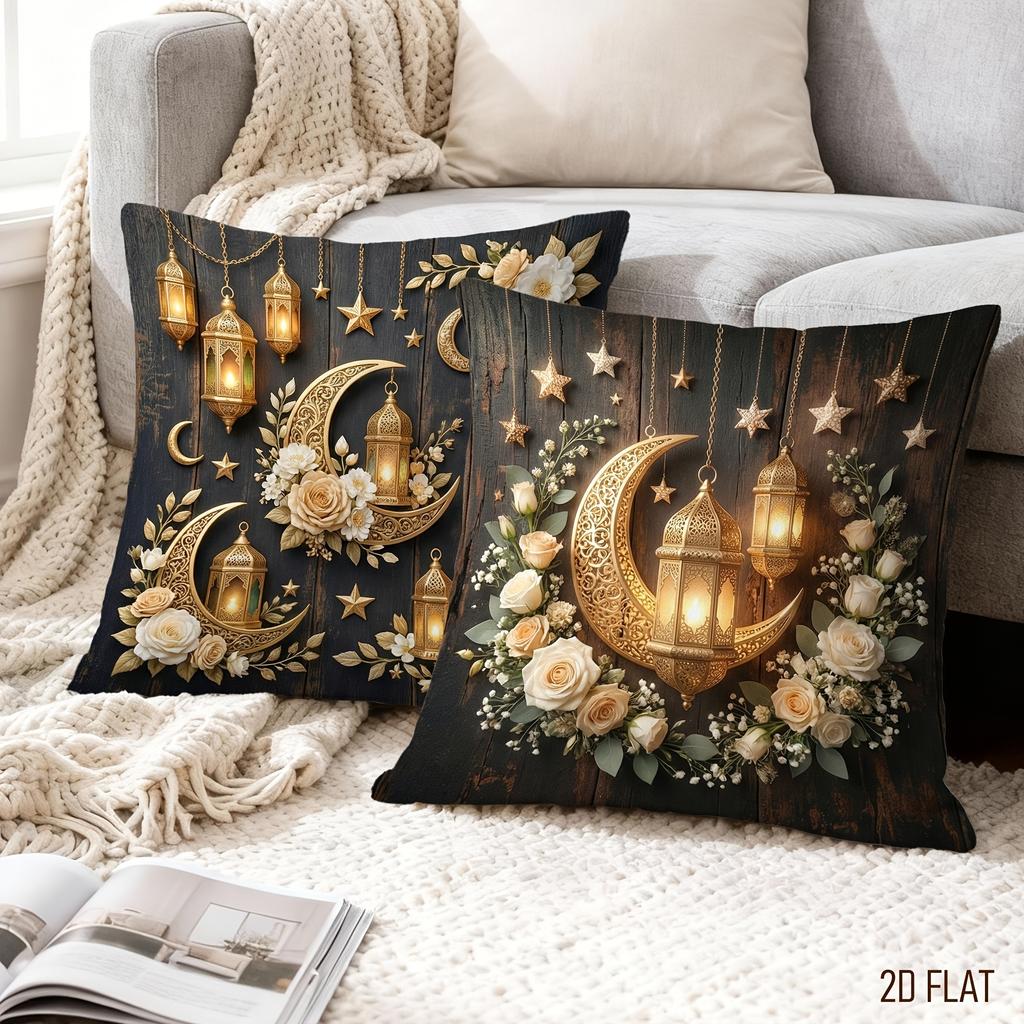 4Pcs Islamic Cushion Cover Ramadan Gold Moon Lantern Flower Printed Pillow Case Polyester Home Decor Sofa Living Room 2D Flat