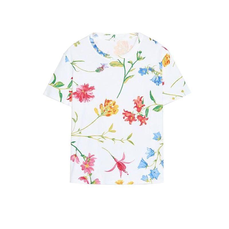 Summer New Product Women's Clothes French Straight Cotton Silm Print Round Neck Short Sleeve T-shirt Top 0264335