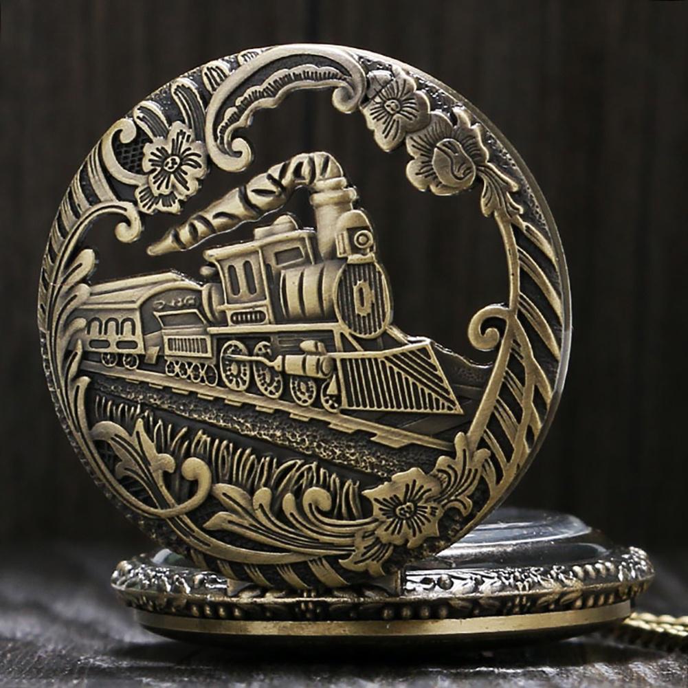 Vintage Steam Train Antique Chain Quartz Pocket Watch Round Skeleton Case Roman Numerals Locomotive Pendant