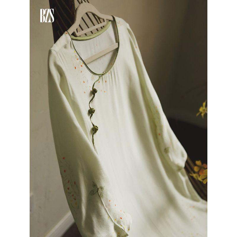 2024 Rayon Satin Plain and Elegant Print New Chinese Style Women's Long Sleeves Home Wear Can Be Outwear National Style Nightdress