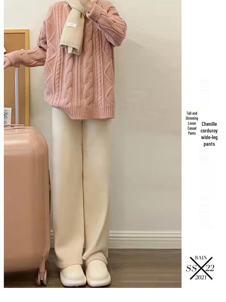 Petite Plus Velvet Corduroy Wide-Leg Pants for Women - High Waist, Loose Fit, Autumn/Winter.