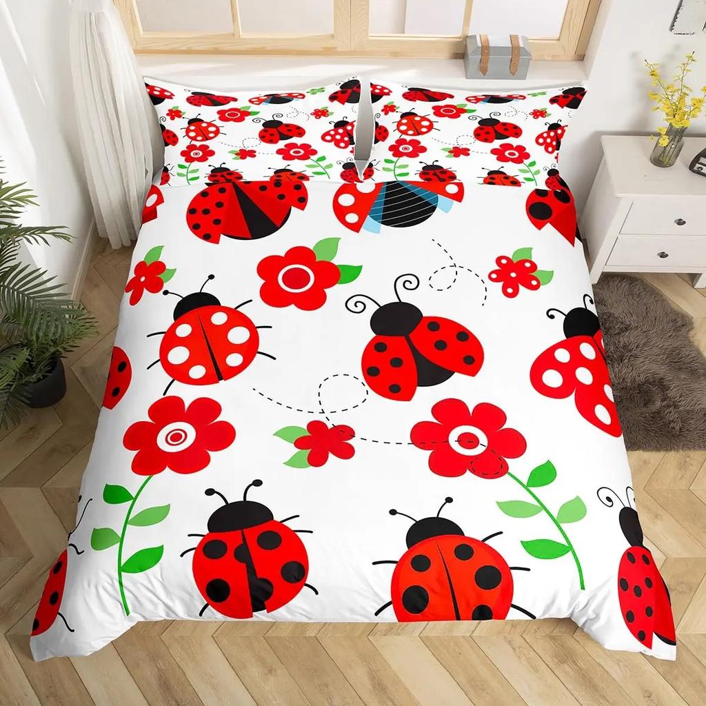 Ladybug Duvet Cover Set Cute Bug Bedding Set Twin Size for Kids Boys Bedroom Red Floral and Insect Adults Queen Duvet Cover Sets
