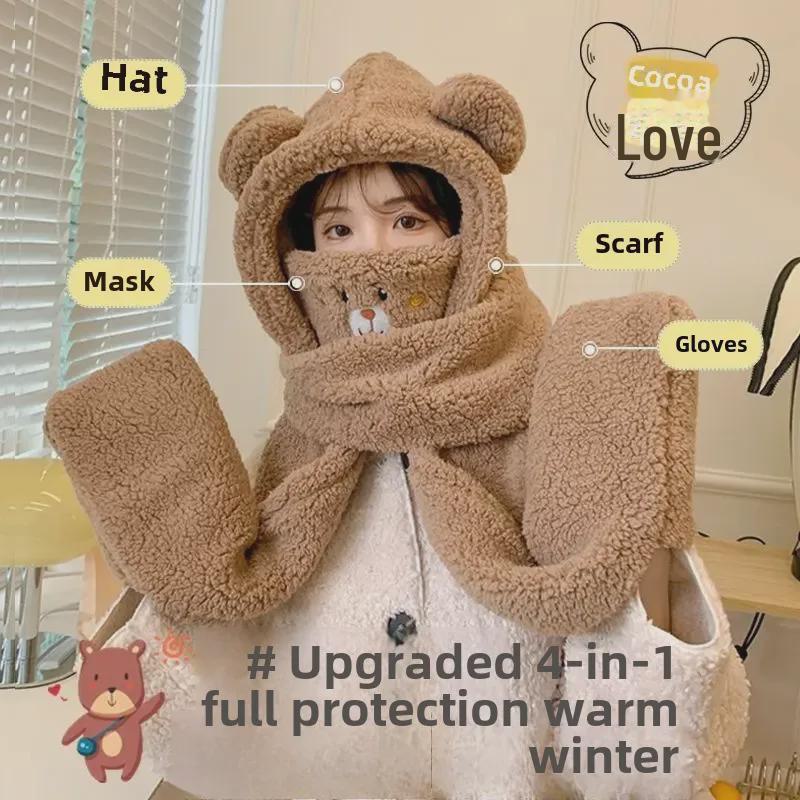 Lindo Set de Gorro y Bufanda de Oso de Invierno con Mascarilla y Orejeras - Cortavientos y de Felpa