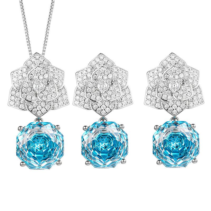 Jewelry Simulation Rose Cut Sea Blue Petal Pendant Set Main Stone 12Mm