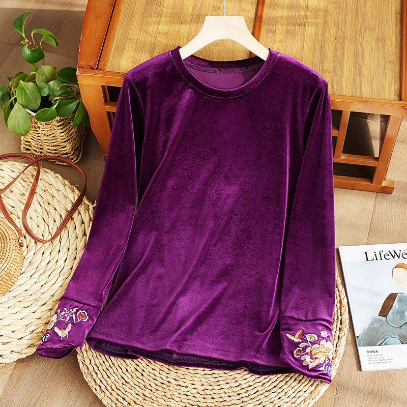 Women's Embroidered Velvet Blouse  Autumn Winter Crew Neck Long-sleeve Velvet T-shirt Solid Color Pullover