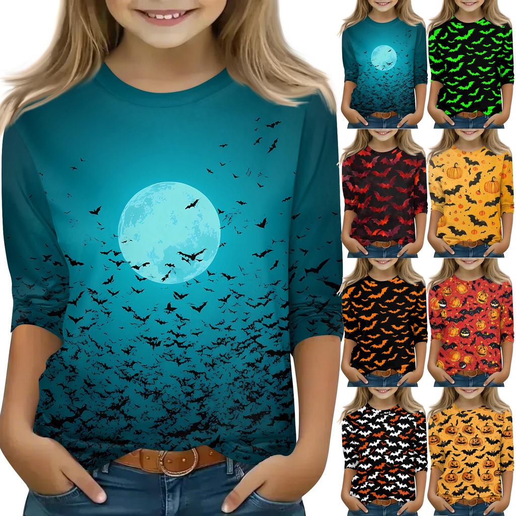 Children's 3/4 Sleeve Tops Casual Halloween Print T Shirt Round Neck Pullover Blouse