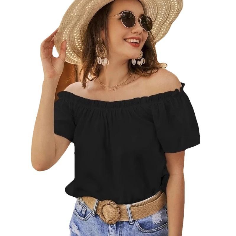 Women's Loose-fit Off-the-shoulder Boat-neck Ruffled Short-sleeved Shirt