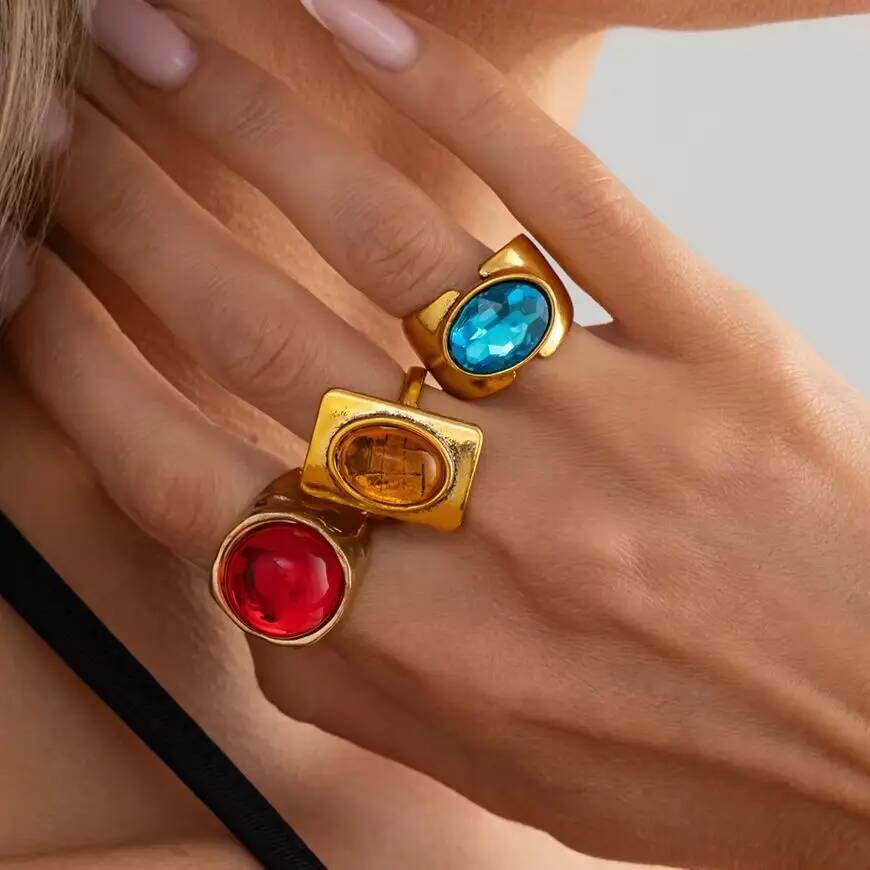 Salircon Luxury Classic Colorful Acrylic Rhinestone Rings Women Vintage Gold Color Metal Knuckle Chic Rings Couple Y2K Jewelry