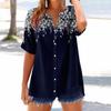 Women's loose printed stand collar short-sleeved cotton and linen top