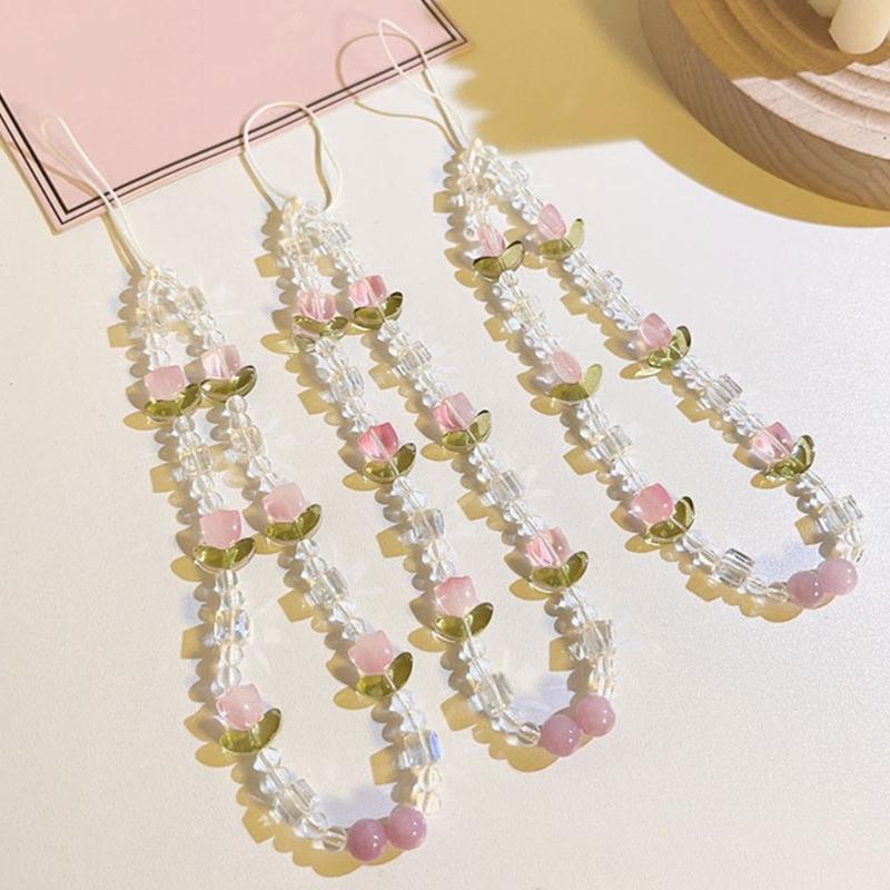 Colorful Floral Bead Phone Lanyard Pearls Wristlet Charm Strap Flower Phone Charm Strap Portable Chain for Smartphones