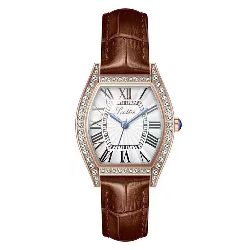 Barrel-Shaped Simple Watch Women'S Fashion Diamond-Encrusted Roman Face Leather Waterproof Women'S Watch