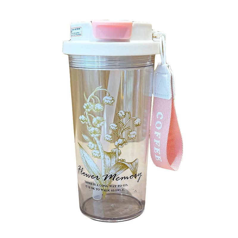 Water Bottle High Value Student Water Cup Lily of the Valley Coffee Cup Will Carry Rope Plastic Cup Summer Double Drinking Cup