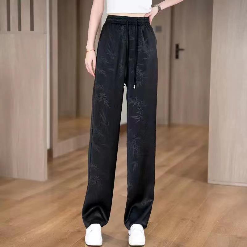 

Golden Bamboo Embossed Ice Silk Women s Elastic Waist Pants: Summer Casual, Narrow, Wide, Straight Leg Designs. 2XL (110-120 jin) чорний