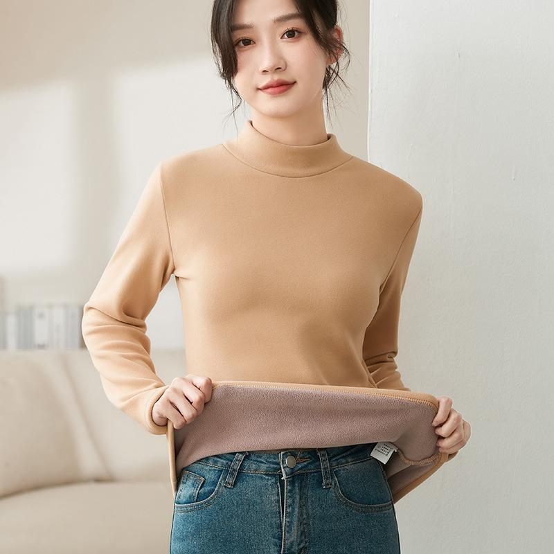 Fleece semi-turtleneck German velvet bottoming shirt for women's autumn and winter new thickened interior, high-end sense, black middle collar warm