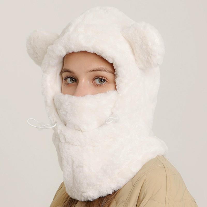 

1Pc Bear Shaped Winter Lei Feng Hat Warm Integrated Thicken Scarf Fleece-lined Plush Hat Mask белый