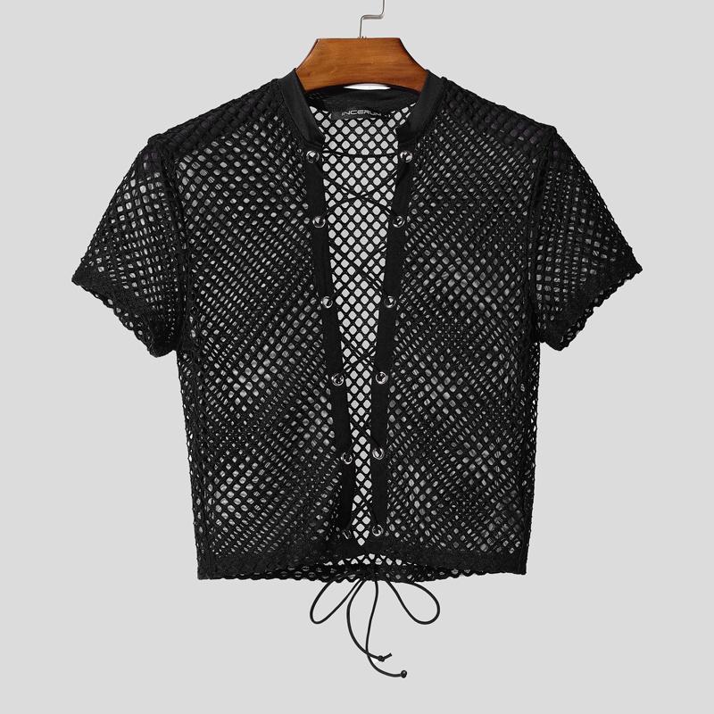 INCERUN Men Summer Short Sleeve Bandage Hollow Sheer Party Club Crop Tops T-shirts