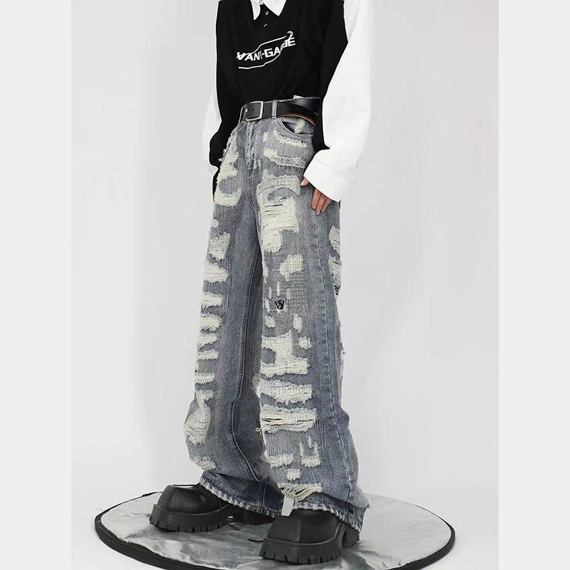 

Джинсы клеш JYL мужские белые с ремешками летние Cleanfit американская атмосфера джинсовые карго L бездна