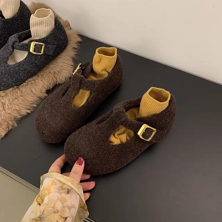 2025 Autumn and Winter High-end Gray Woolen Mary Jane Fluffy Shoes Women's Shoes Round Head Single Shoes Velvet Cotton Shoes