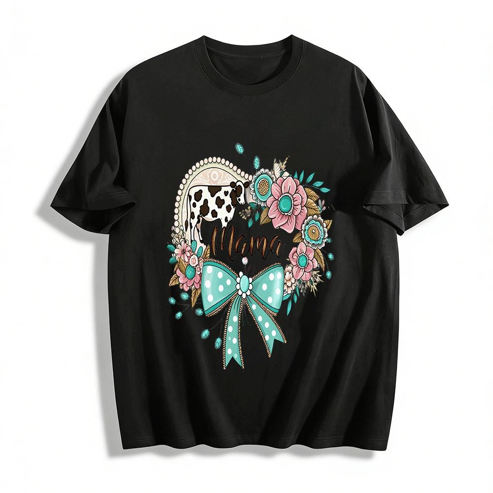 

Boho Floral Cow Mama Print Casual Top For Women Pure cotton T-shirt XXS