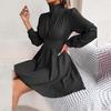 Sexy High Waist Hollow Out Swing Dress for Women Solid Color Large Size Autumn Winter Fashion