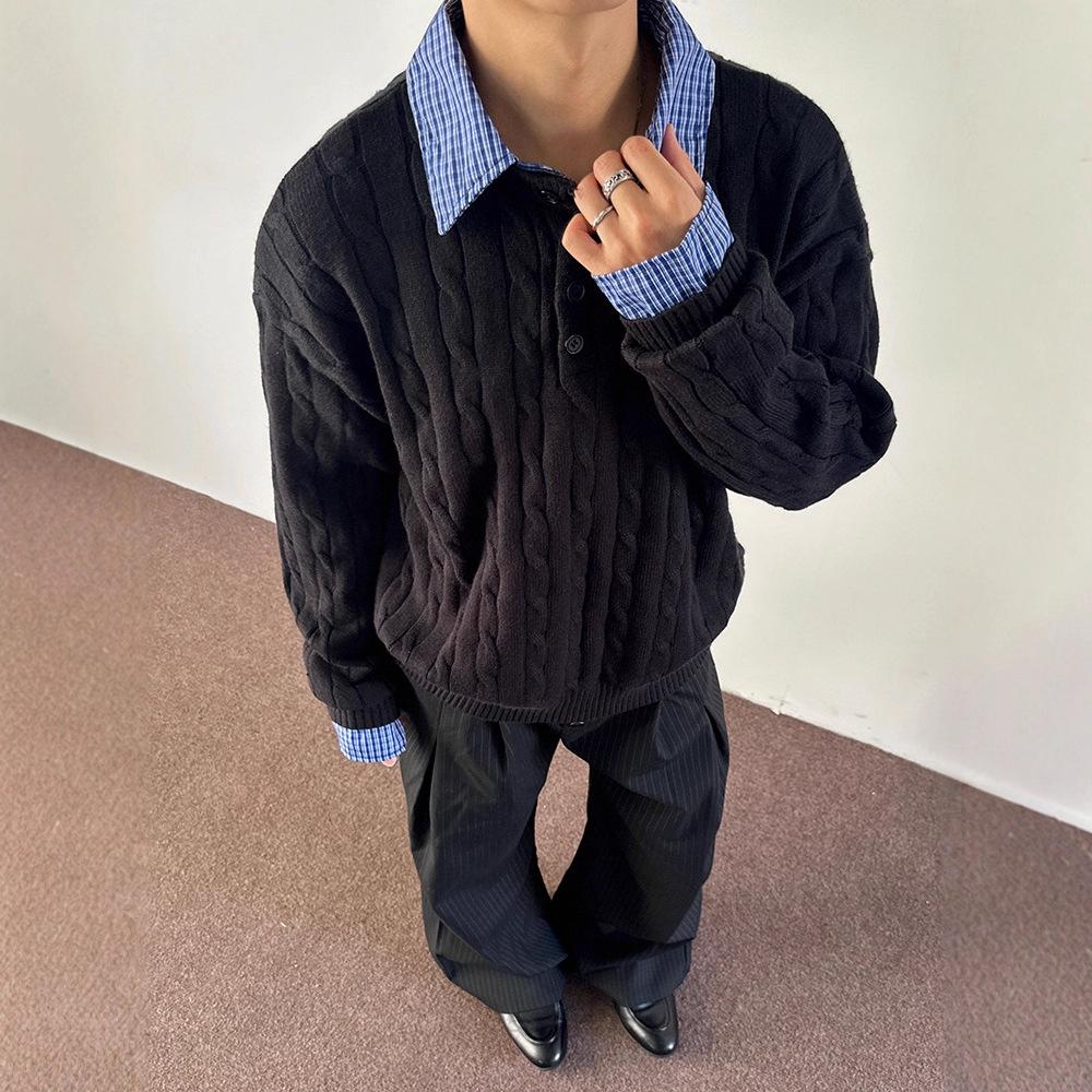 Men s Gray Retro Faux Two-Piece Cable Knit Sweater, Miu-Style Autumn/Winter High-End Knitwear XL чёрный