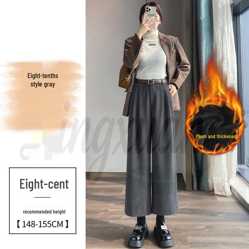 Real Shot 2026 Autumn/Winter Women's Plus Velvet High-Waisted Cropped Woolen Trousers - Straight, Narrow, or Wide Leg Styles