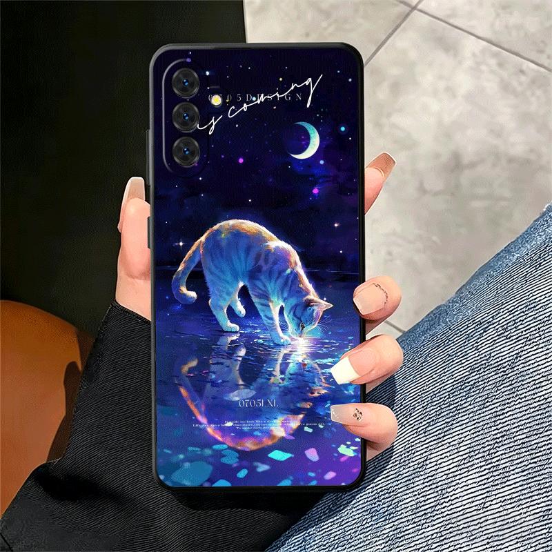 Night Moon Cat Dreamy Art Soft Phone Case for Samsung A17 A37 A57 A16 A26 A36 A56 A15 A25 A35 A55 A14 A24 A34 A54 A13 A23 A33 A5