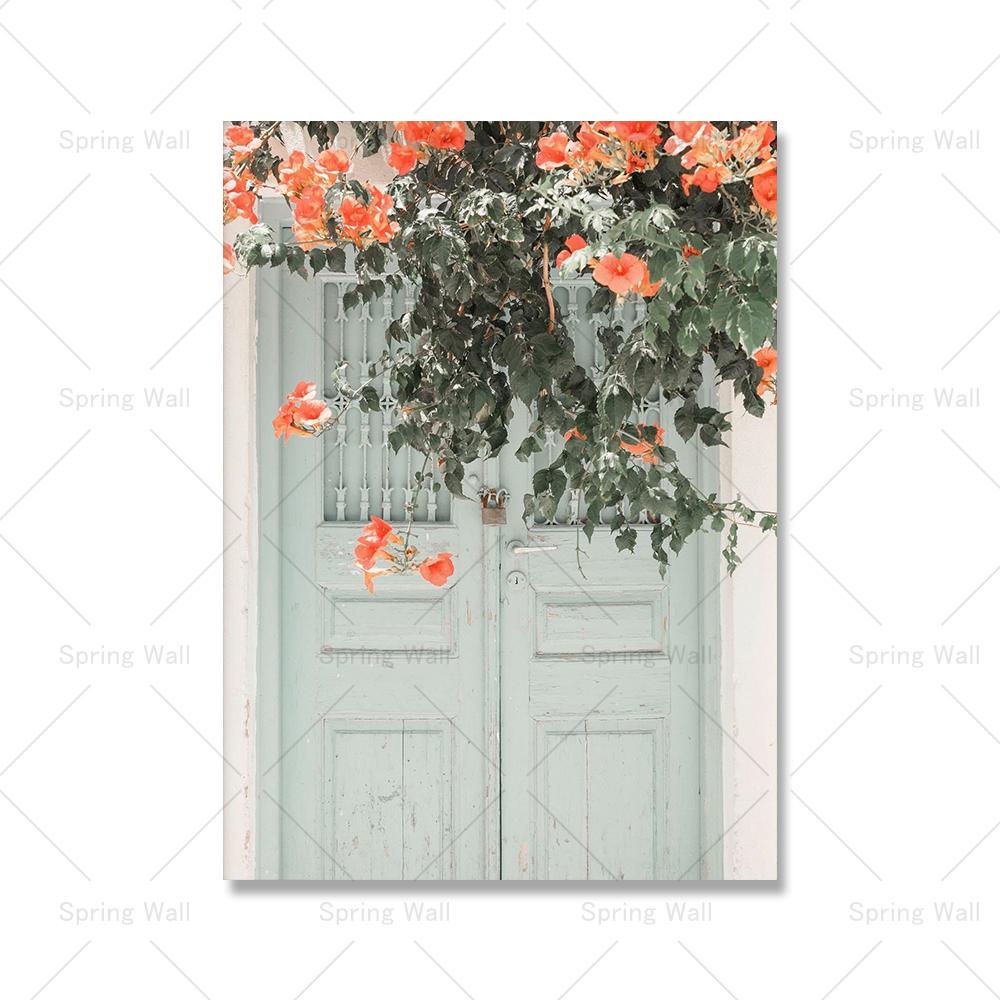 Greece Santorini Poster Print Boho Blush Mediterranean Flowers Canvas Painting Minimalist Modern Wall Art Living Room Home Decor