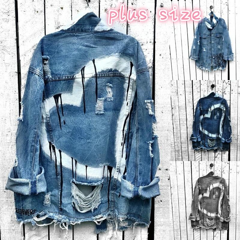 

Осень Женщины Сердце Принт Повседневная куртка Мода Дыра Джинсовая куртка Outwear Plus Size
