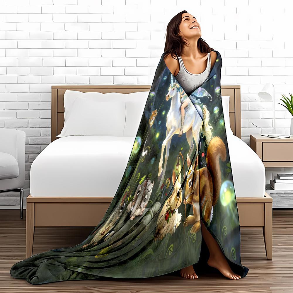 Fantasy Unicorn Blanket with Fairy, Forest Animals, and Glowing Lights Blanket, Suitable for Use In the Bedroom, Living Room, On the Sofa
