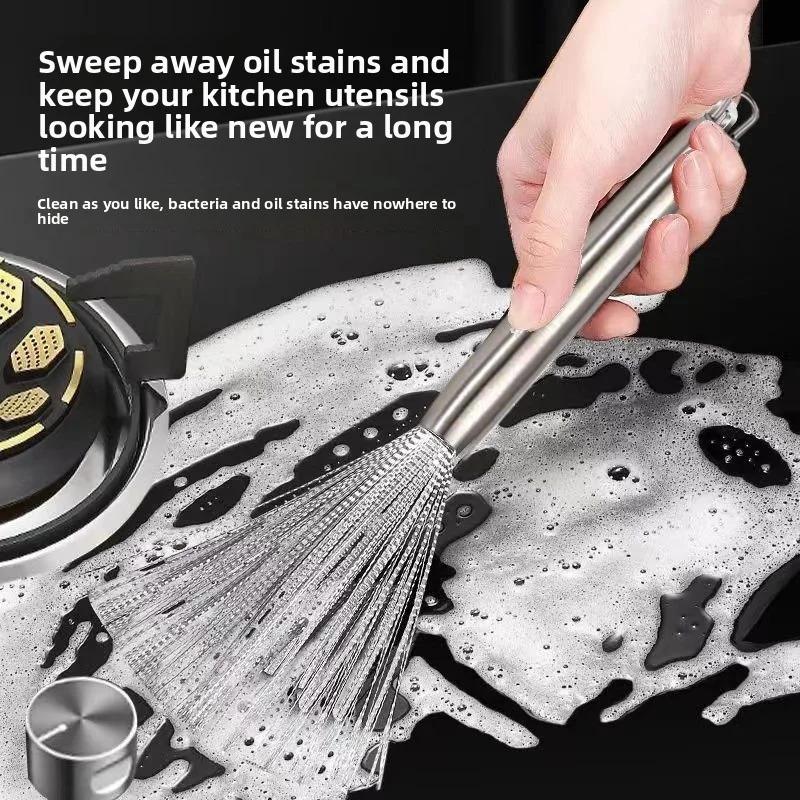 Stainless Steel Pot Brush with Long Handle Multi-functional Kitchen Cleaning Scrubber for Pans And Sink Includes Hanging Tool