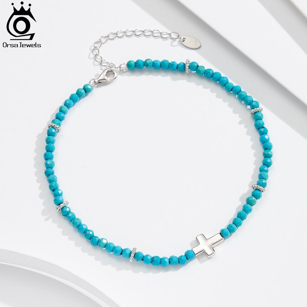 ORSA JEWELS New Summer Beach 925 Sterling Silver Cross Anklet for Women Turquoise Gemstone Beaded Chain Anklet Jewelry Gift SA86