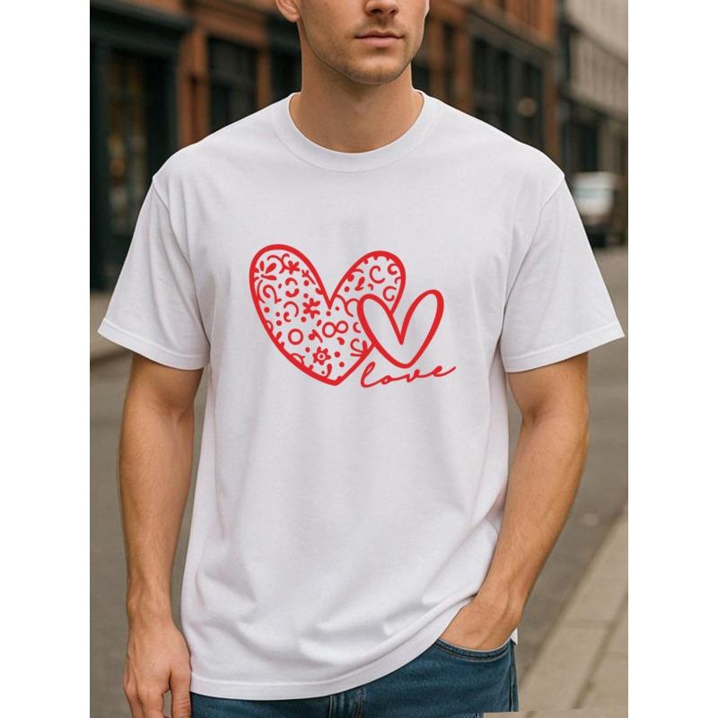 

European sizes Men S Heart Print T-Shirt with Red Heart & Love Lettering - Soft Breathable Pure Round Neck Short Sleeve Casual Tee for Everyday 4XL білий