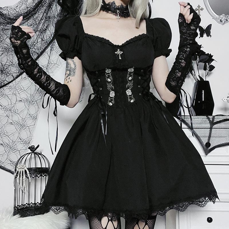 Goth Gothic Vintage Princess Dress Women Dark Lace Up Cross Corset Streetwear Partywear Lolita Female