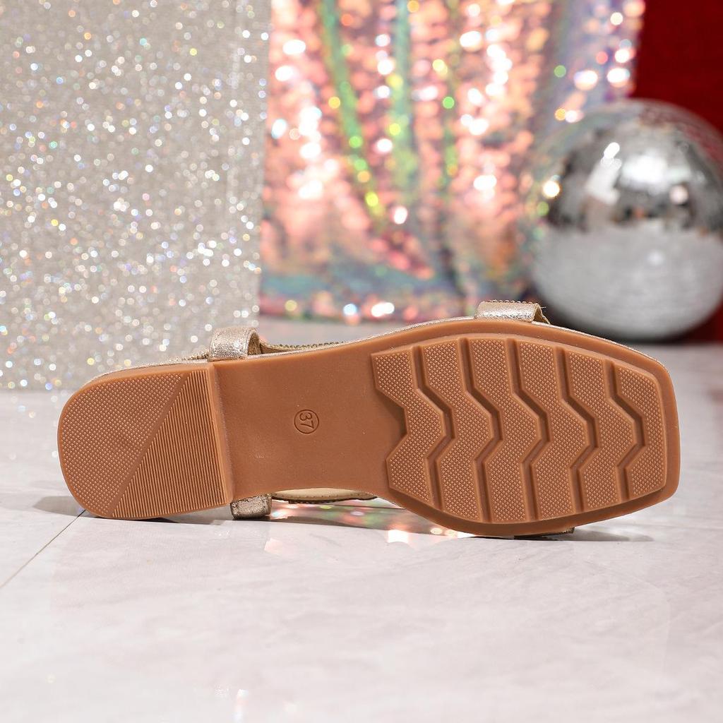 2026 Summer Chic Rhinestone Square Toe Sandals with Elastic Strap and Chunky Heel - Plus Size Women's Footwear