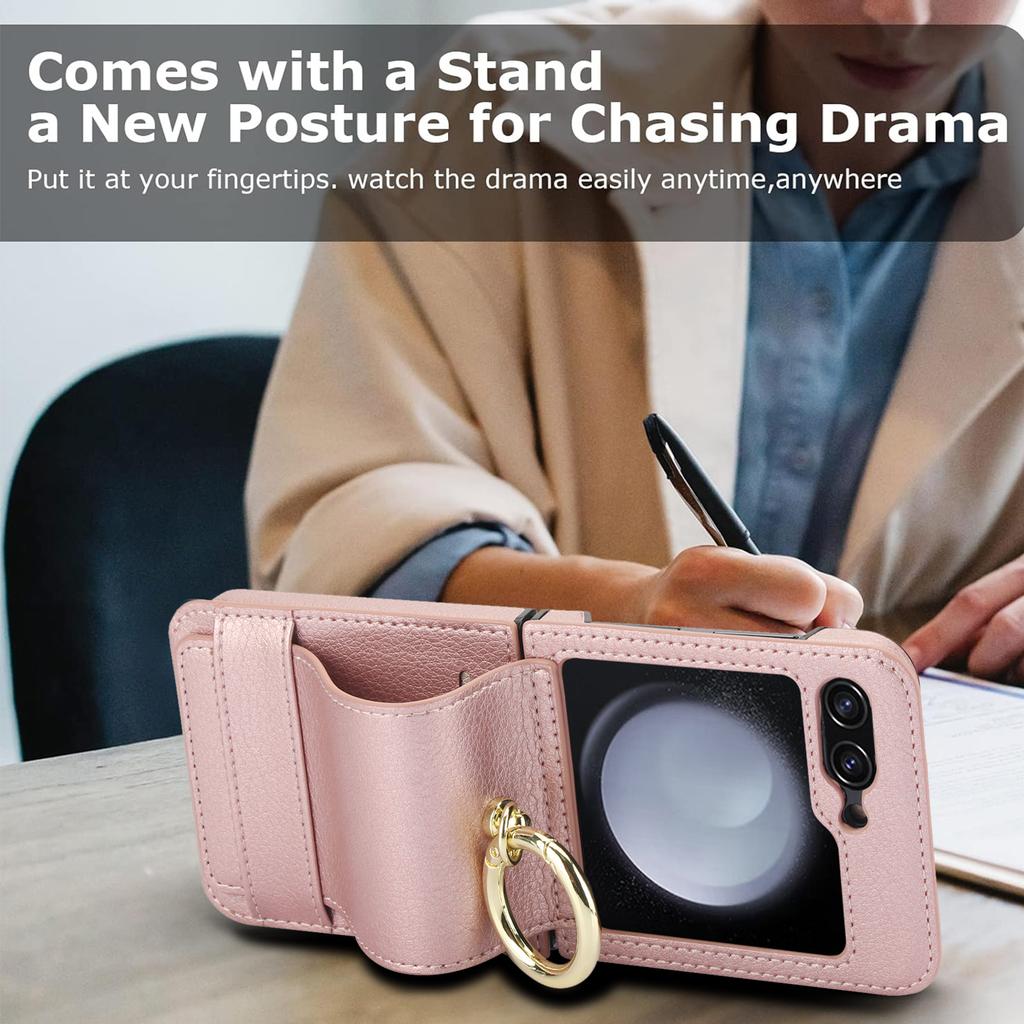 Ring Holder Cards Solt Wallet Leather Case For Samsung Galaxy Z Flip 5 4 3 5G Wristband Case Flip4 Flip3 Stand Shockproof Cover