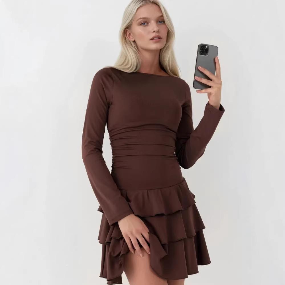 Vestido de Otoño Invierno para Mujer de Color Sólido, Ajuste Delgado, Manga Larga - Elegante y Favorecedor
