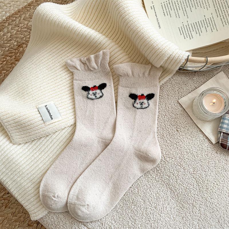 Korean Style Women's Wool Socks: Sweet Bubble Lace, Mid-calf, Cute Cartoon Design, Warm and Versatile for Autumn and Winter
