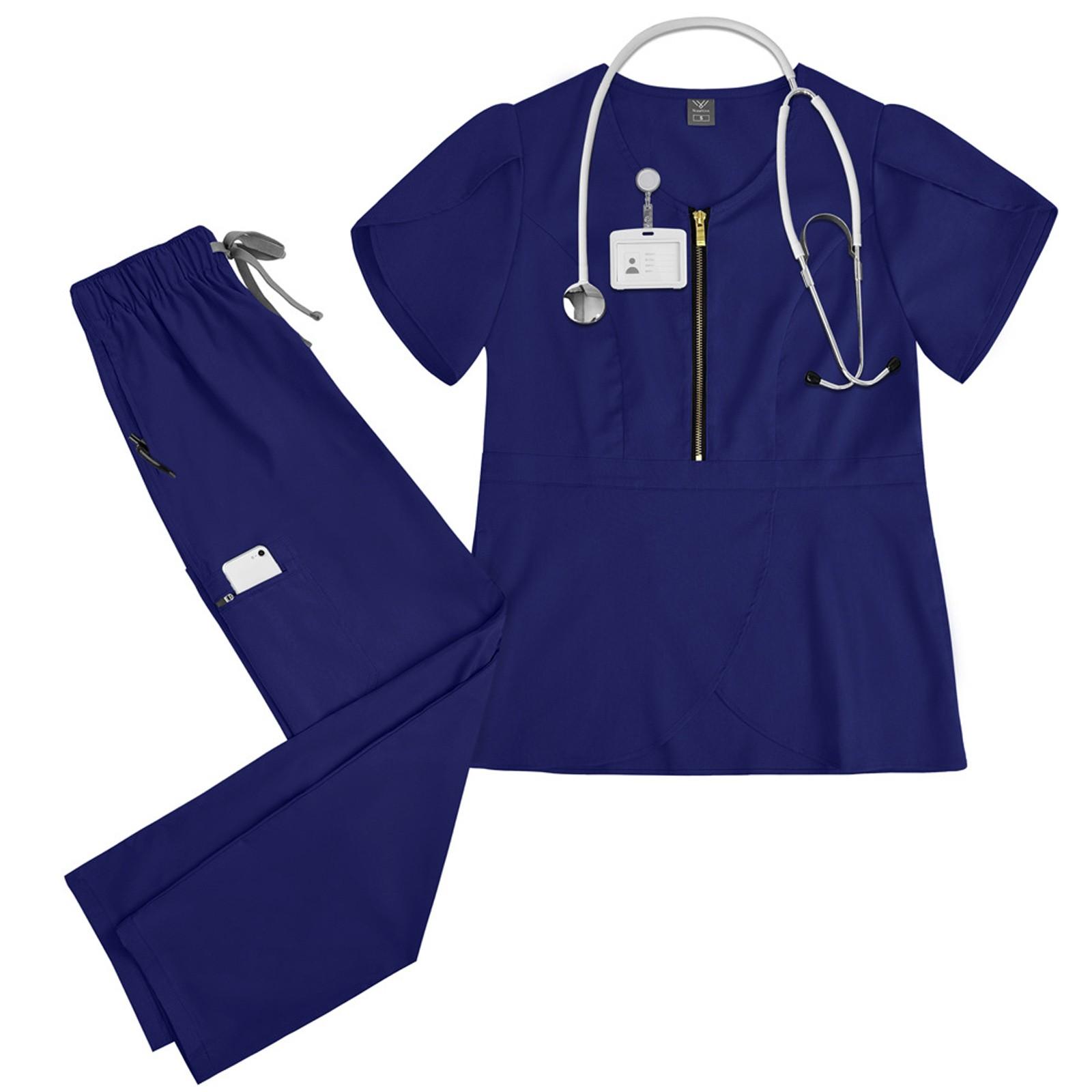 

Женский комплект из двух предметов: топ с короткими рукавами, однотонный, с карманом, брюки, рабочая одежда S тёмно-синий