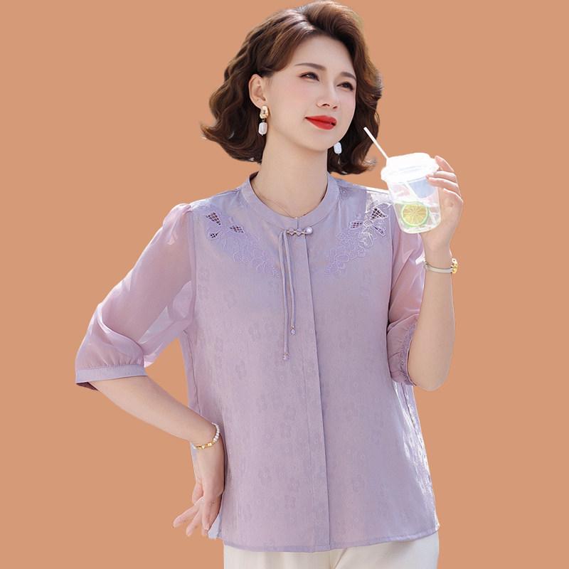 

Stylish Chiffon Blouse for Moms 50+ - New Chinese National Trend, Summer Edition XL (90-105 jin) фиолетовый