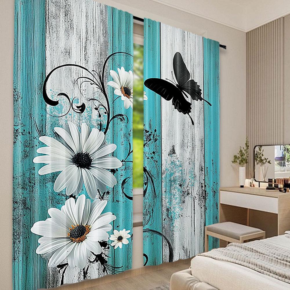Set Of 2 Teal Turquoise Curtain Aqua Floral Blue White Curtains Decor Home Bedroom Apartment Living Room Window Polyester Perfect For