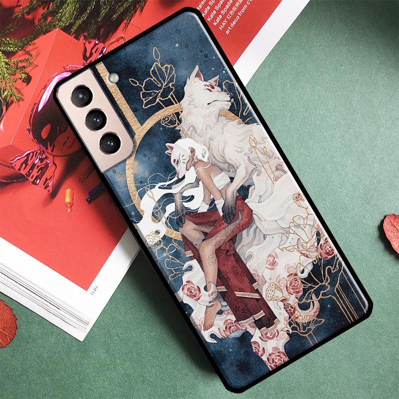 Japanese Style Anime Fox Phone Case For Samsung Galaxy S25 Ultra S9 S10 S20 S21 S22 S23 Ultra Plus S24 FE Back Cover