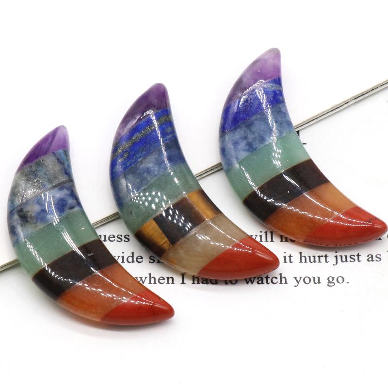 Natural Seven Chakra Layered Crescent Moon Gemstone Pendant Spliced Chakra Stone Horn Carving Healing Crystal Necklace Pendant
