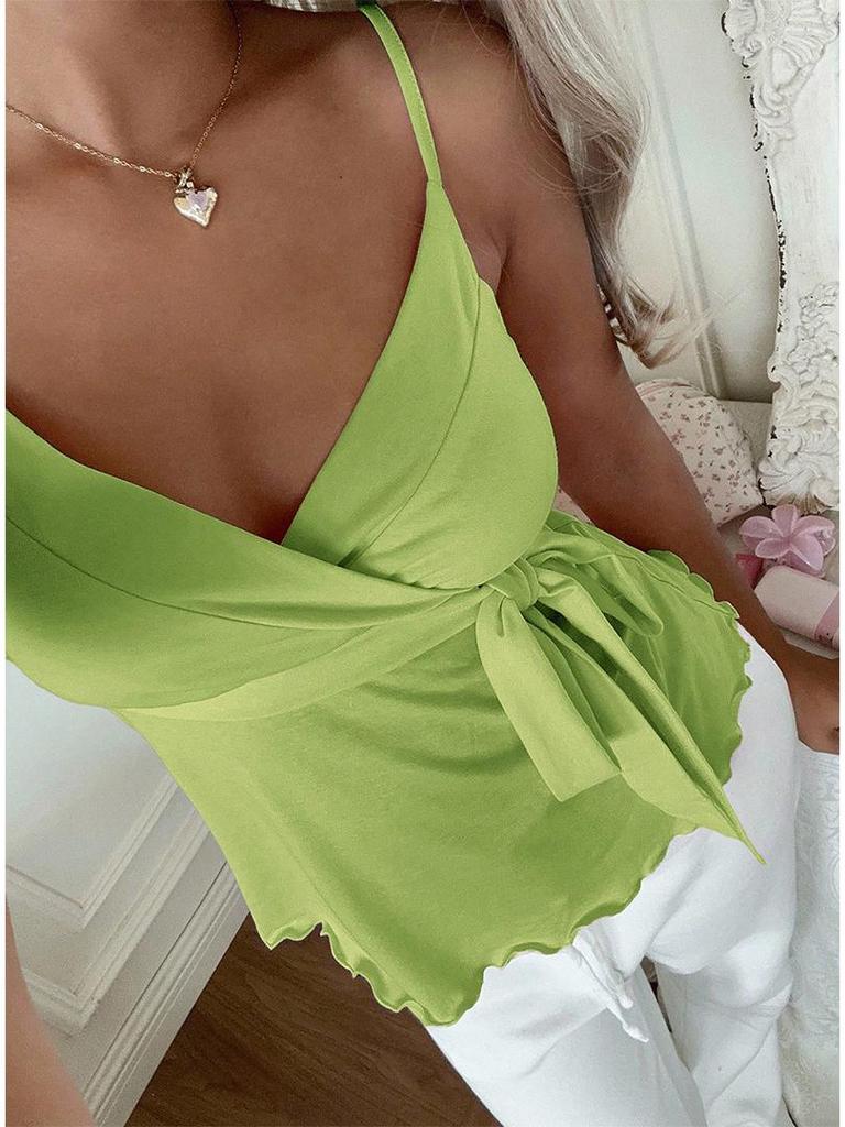 2026 V-Neck Waist-Cinching Ruffled Camisole for Women - European/American Style, Slimming Sleeveless Top