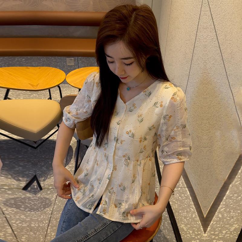 Summer new loose casual printing embroidered versatile shirt unique and chic design single-breasted top women's clothing